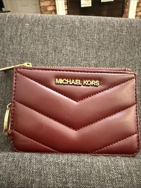 Michael Kors Quilted Card Case Wallet - Burgundy with Gold Hardware